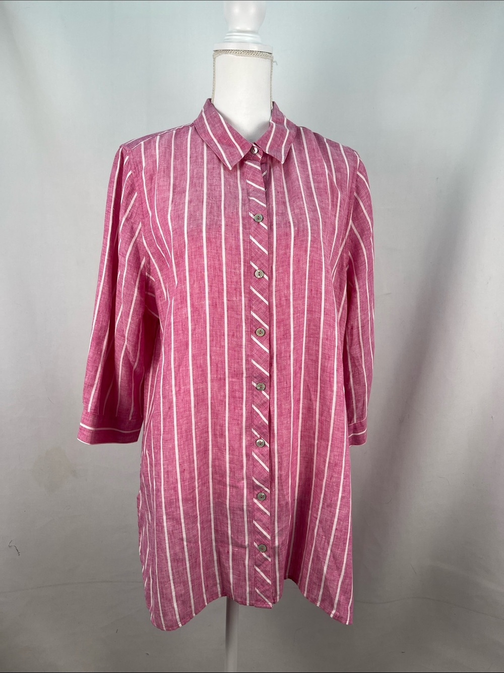 Chico's No-Iron FreshChic 100% Linen Striped Shirt Pink Tunic NWT Size 3 / XL